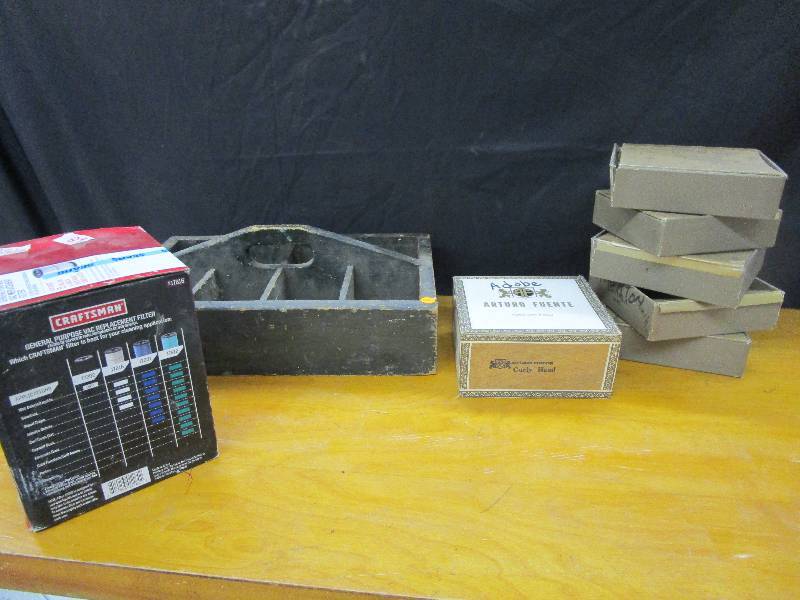 lot 29 image: Wood Crate with handle, Various Cigar Boxes and Craftsman Shop Vac Filter