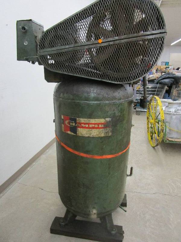 lot 42 image: tested and Works Single Phase Champion Air Compressor 230 V 5 HP I think 60 Gallon (Tank Model #VR-5-8) (Pump R-15) (Motor relaced Recently) Just Came out of a working shop