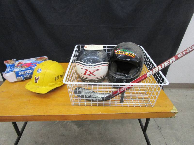 lot 50 image: Hockey Stick, Hard Hat, Basket Metal and Helmets