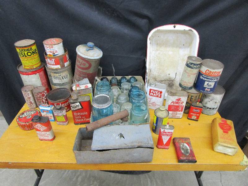 lot 73 image: Scorpion, Polaris and Various Old  Collectible Cans and Items Rare 1910-1973 Blue Ball Jar