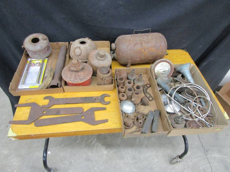 lot 74 image: 1978 Ford Wagon Shocks Misc Brass Fixtures, Various Rustic Items