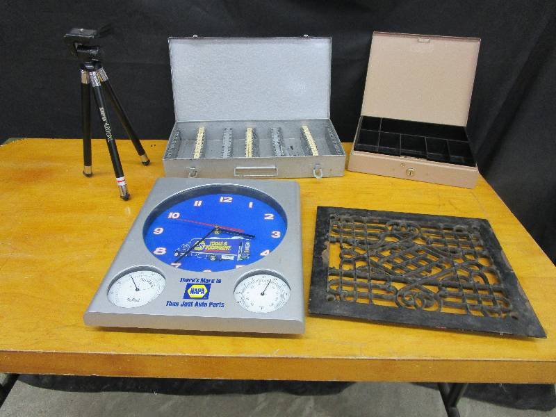 lot 83 image: Cast Iron Register Plate 11 34 x 9 34,Napa Clock, Money Box no Key Other Box and Tripod