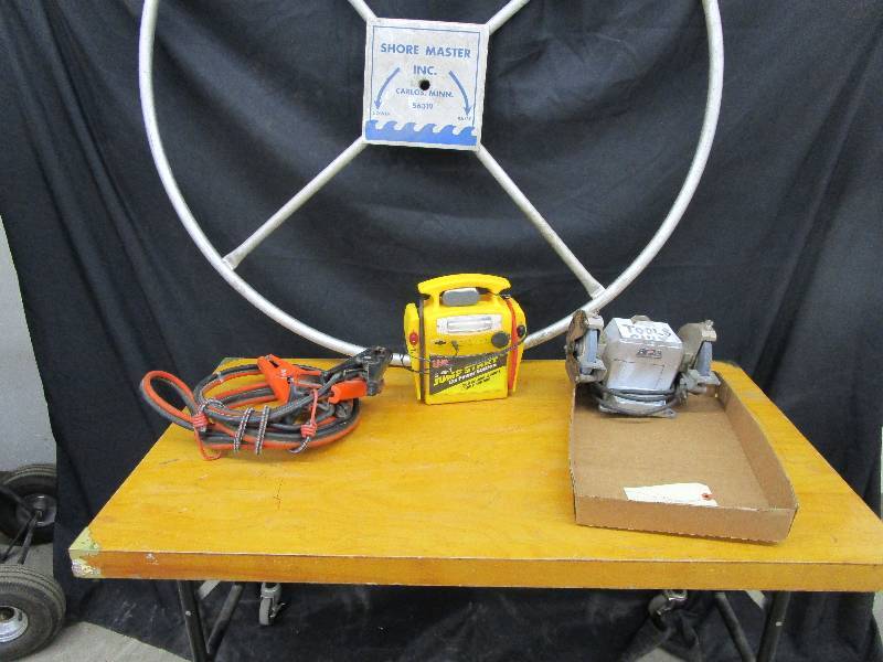 lot 85 image: Heavy Gauge, Jumper Cables, Bench Grinder, Shore Master, Lift Wheel