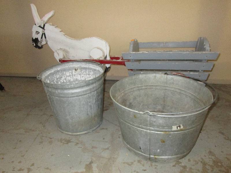 lot 116 image: Donkey Planter and 2 Galvanized Pails