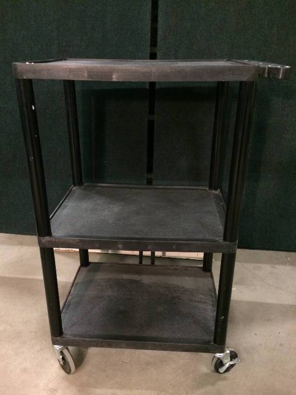 lot 4 image: Heavy Duty Plastic Rolling 3 Level Cart - Needs Clean Up But Very Sturdy