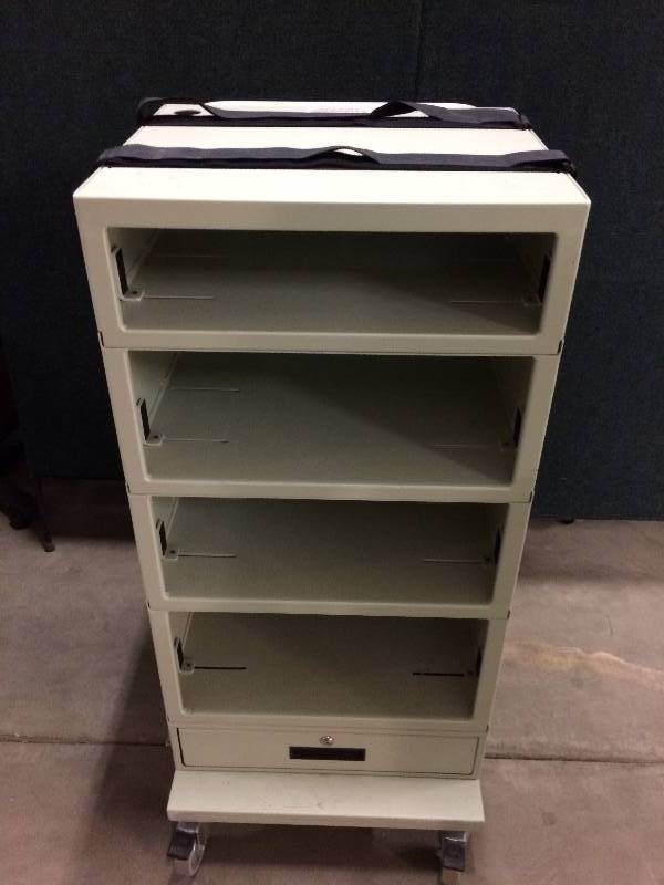 lot 1 image: Fantastic Stackable Locks Into Each Level Mobile Medical Storage Media Cart With Drawer, Straps, Power Strip & Locking Wheels - Excellent Condition