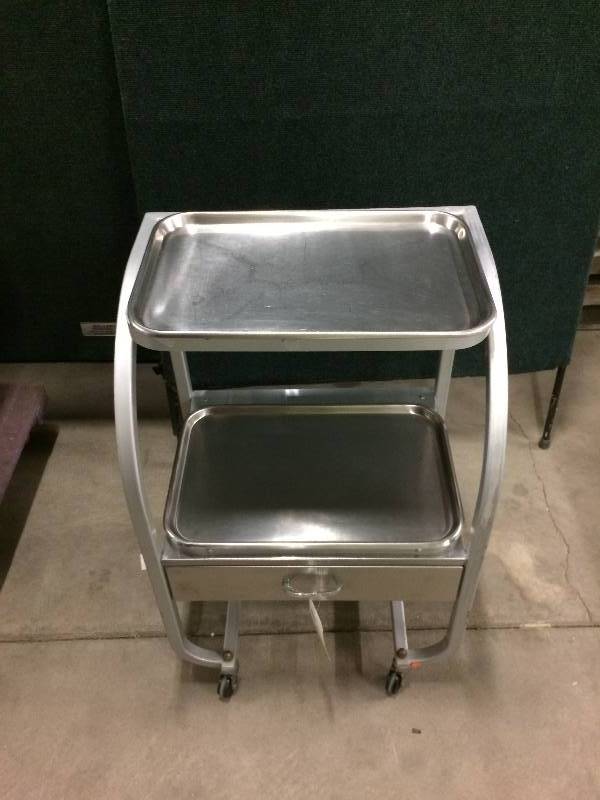 lot 11 image: Stainless Steel 2 Removable Trays Layers & One Drawer Serving Medical Dental Lab Cart Trolley - Excellent