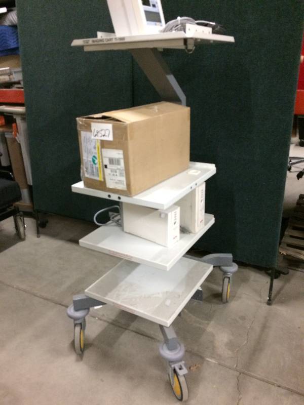 lot 32 image: Olympus TI-1900 Endoscopy Imaging Cart Mobile Workstation Includes&nbspOLYMPUS MB-631 ISOLATION TRANSFORMER&nbspUnderneath Cart Currently Selling Used On eBay $550 WO Transformer Included - Excellent Condition - Contents On Shelves Not Included