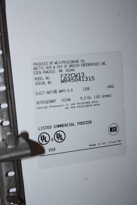 Arctic Air, Mod #F22CW13, commercial freezer, NSF, SN WB52036829, caster mounted, 115 volts, 5.0 amps, 32x29x74.5H.&nbsp Runs Freezes