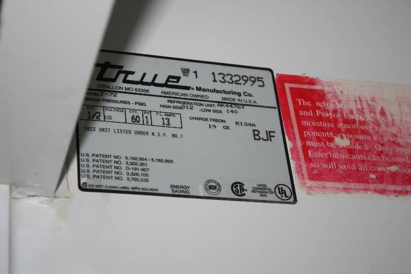 True, Mod #T-72, three door commercial refrigerator, NSF, caster mounted, SN 1332995, 115 volts, 13 amps, 78x30x84H, Runs Cools