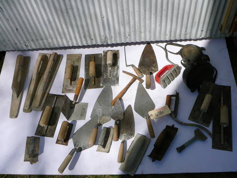 lot 686 image: Cement & Brick tools, Large lot, 5 gallon bucket, Knee pads