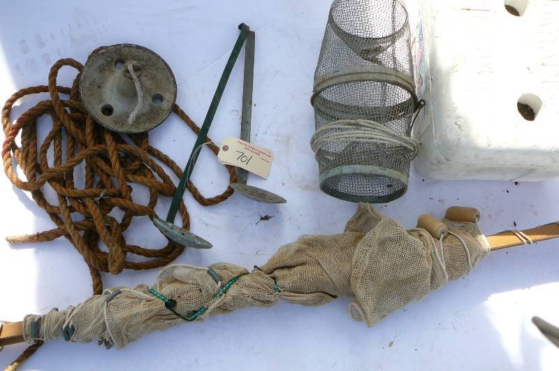 lot 701 image: Minnow trap, Fish net, Rope, Anchor, Styrofoam cooler