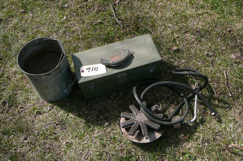 lot 710 image: Tackle Box, Metal buckets, Camp stove burner