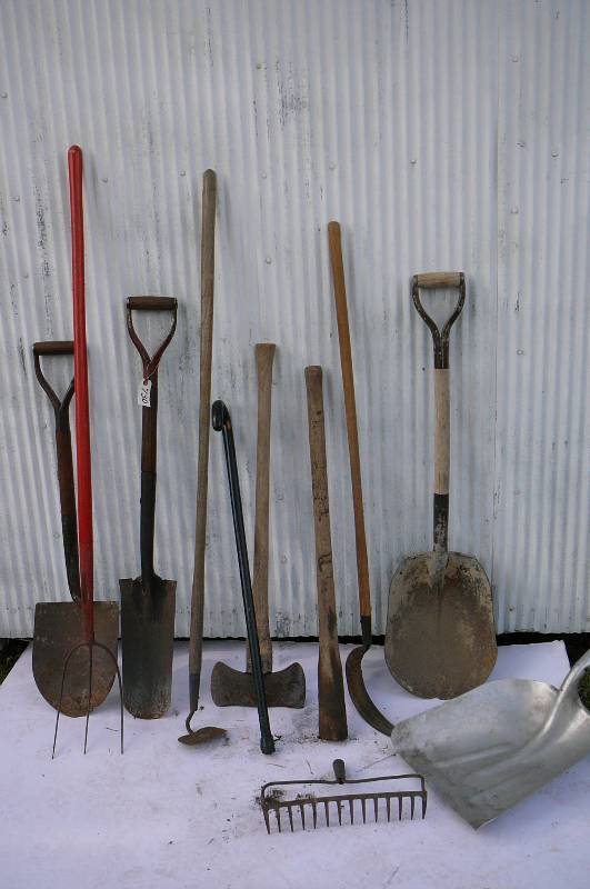 lot 730 image: Yard Tools, 3 Shovels, Axe, Fork, Scythe, Hoe, Cane, Aluminum Shovel needs handle, Rake