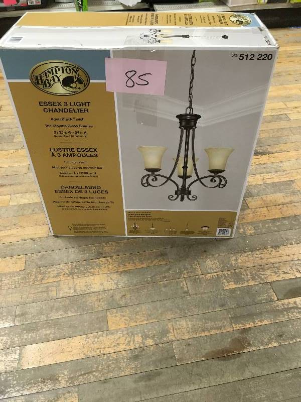 Hampton Bay Essex 3-Light Aged Black Chandelier with Tea Stained Glass Shades open box not used