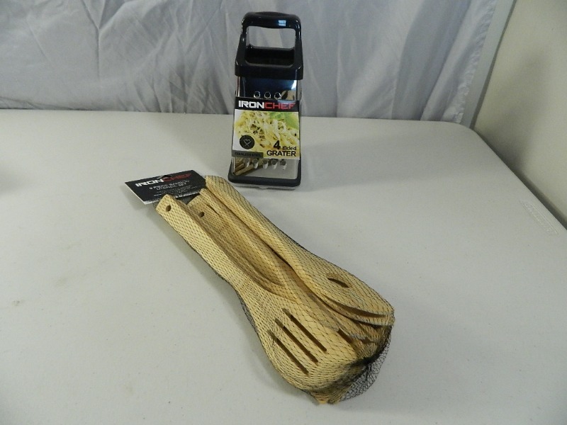 lot 81 image: New 9 Pc Bamboo Utensil Set and New Grater