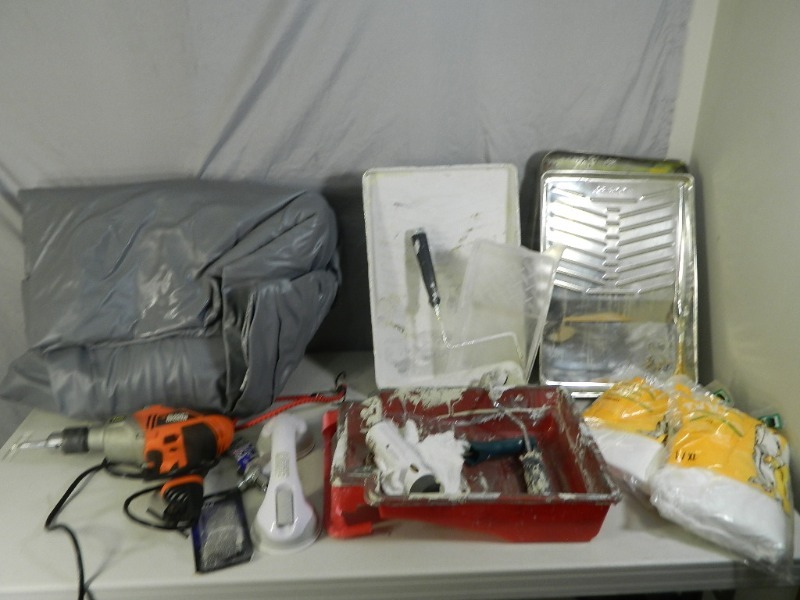 lot 118 image: Drill, Paint Supplies, Air Bed