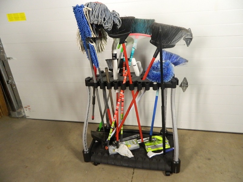 lot 215 image: Rubbermaid Storage with Brooms and More