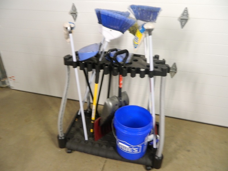 lot 216 image: Rubbermaid Storage with Brooms and More