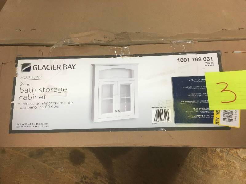 lot 3 image: Glacier Bay Modular 24-35 in. W x 29 in. H x 6 -910 in. D Bathroom Storage Wall Cabinet with Frosted Glass in White  open box not used