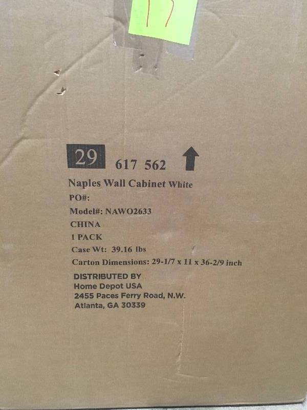 lot 17 image: Foremost 26-12 in. W x 32-34 in.H x 8 in.D Bathroom Storage Wall Cabinet in White  open box not used