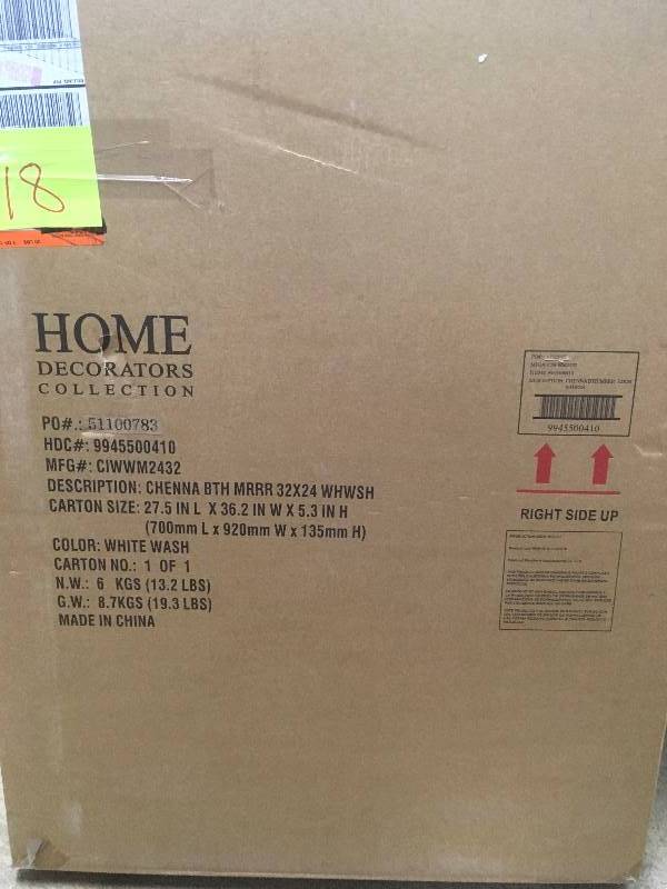 lot 18 image: Home Decorators Collection Chennai 24in. X 32in. Framed Bath Mirror in Whire Wash  open box not used