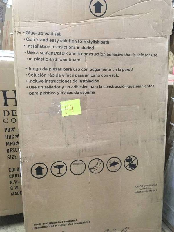 lot 19 image: Pro-Series 32 in. x 60 in. x 57 in. 5-Piece Easy Up Adhesive Tub Surround in White  open box not used