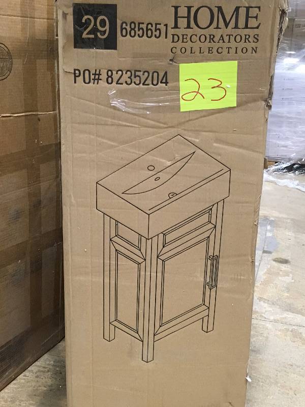 lot 23 image: Home Decorators Collection Averson 18 in. W x 12 in. D Bath Vanity in Tobacco with Vitreous China Vanity Top in White  open box not used