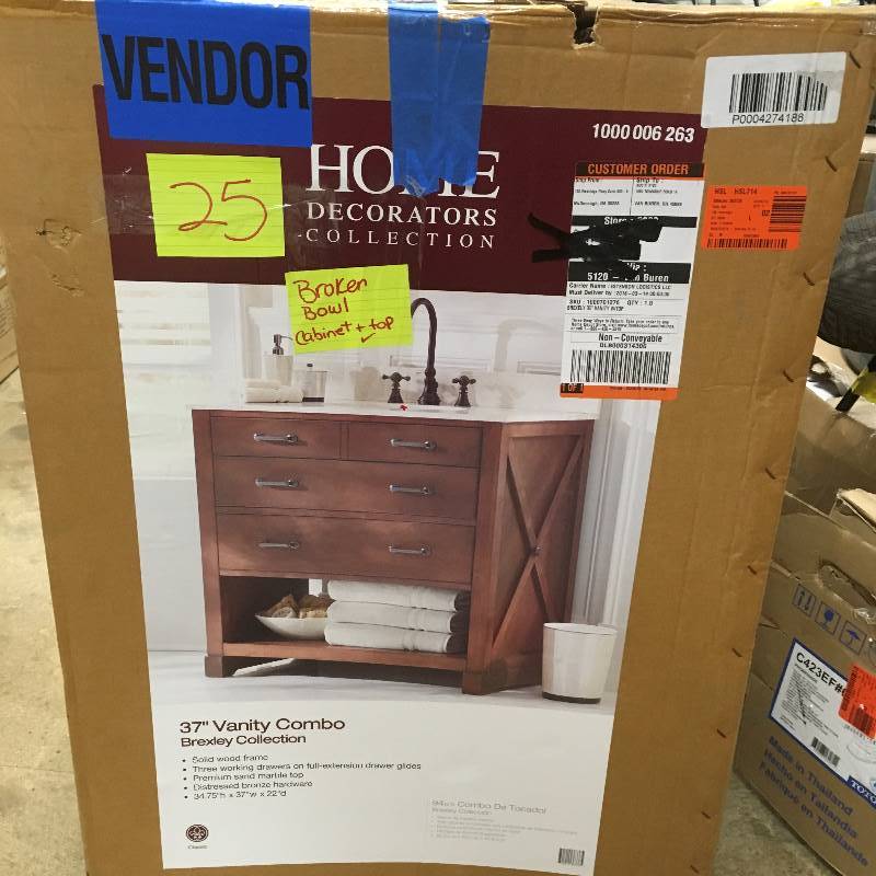 lot 25 image: Home Decorators Collection Brexley 37 in. Vanity in Warm Chestnut with Marble Vanity Top Damaged (Broken Bowl) see pictures