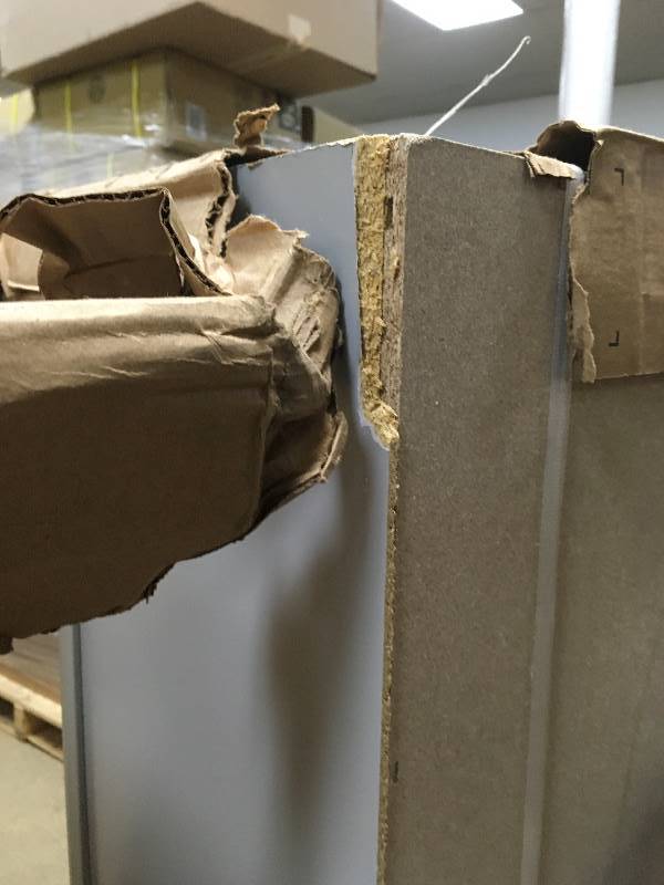 lot 28 image: Hampton Bay Shaker Assembled 36x42x12in. Wall Kitchen Cabinet in Dove Gray- Damaged see pictures