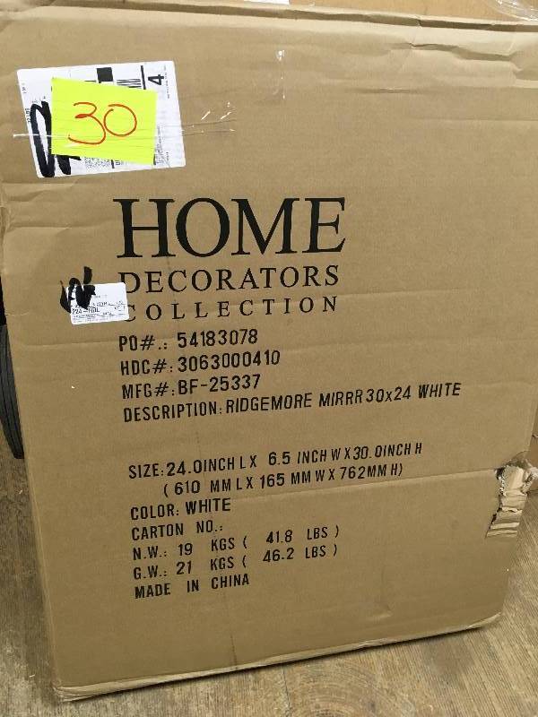 lot 30 image: Home Decorators Collection Ridgmore 24 in. Mirrored Wall Cabinet in White open ox not used
