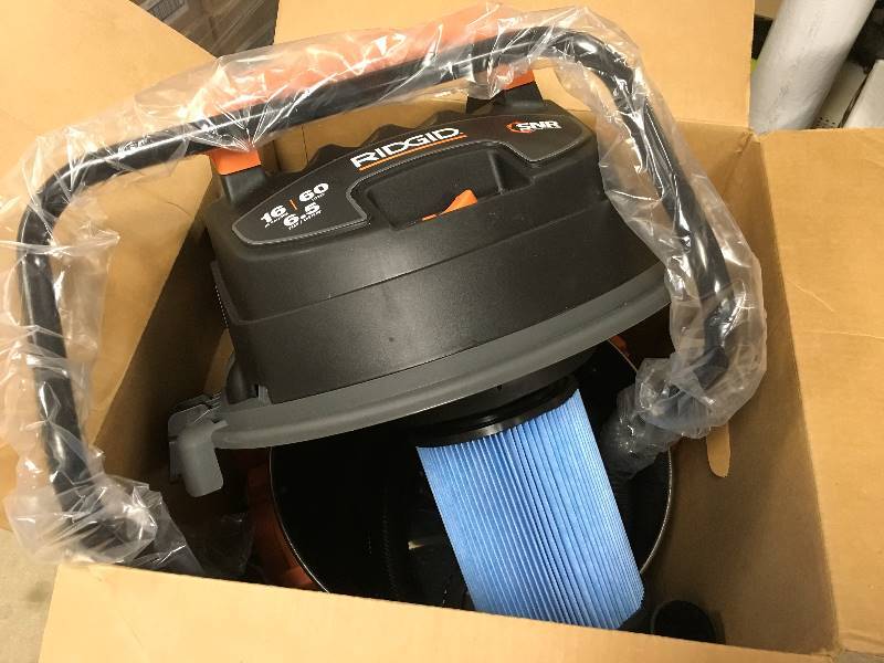 lot 39 image: Ridgid 6.5 Peak HP 16 gal. Stainless Steel Wet Dry Vac with Cart in like new