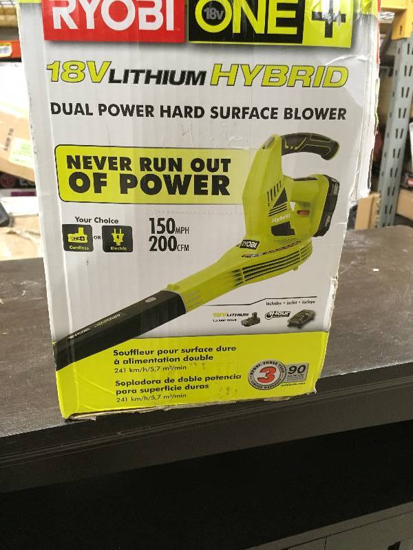 lot 44 image: Ryobi ONE 150MPH 200CFM 18-Volt Lithium-Ion Hybird Leaf BlowerSweeper-1.3Ah Battery and Charger Included