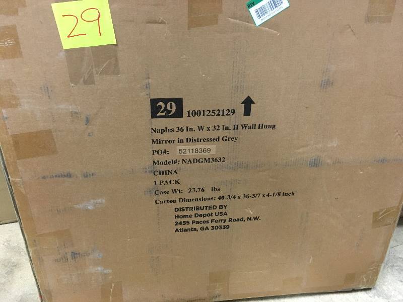 lot 29 image: Home Decorators Collection Naples 36 in. x 32 in. Wall Mirror in Distressed Grey open box not used