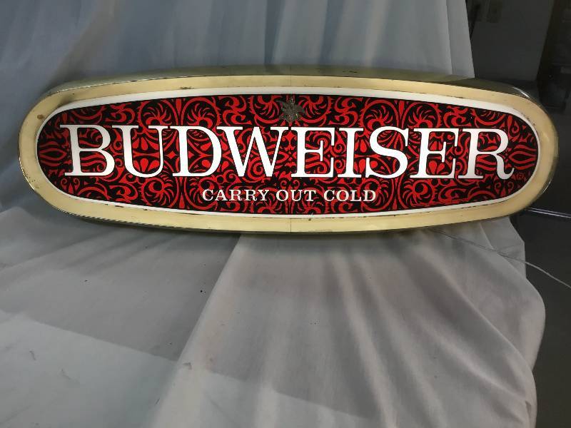lot 42 image: Antique Budweiser Carry Out Cold - Oval Sign - Window Hanging