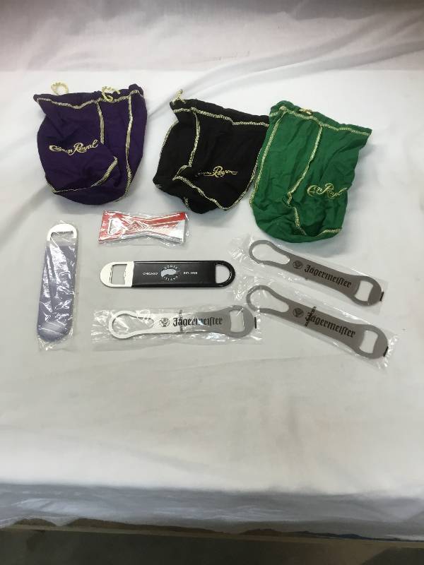 lot 48 image: Bottle Openers- Budweiser, Goose Island, & Crown Royal Bags - Green, Black, and Purple