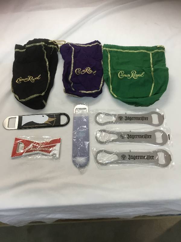 lot 50 image: Bottle Openers- Budweiser, Goose Island, & Crown Royal Bags - Green, Black, and Purple