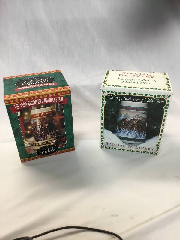 lot 72 image: 1993 and 1994 Budweiser Holiday Stein in boxes