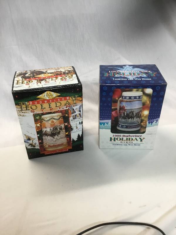 lot 73 image: 1995 and 1996 Budweiser Holiday Stein in boxes