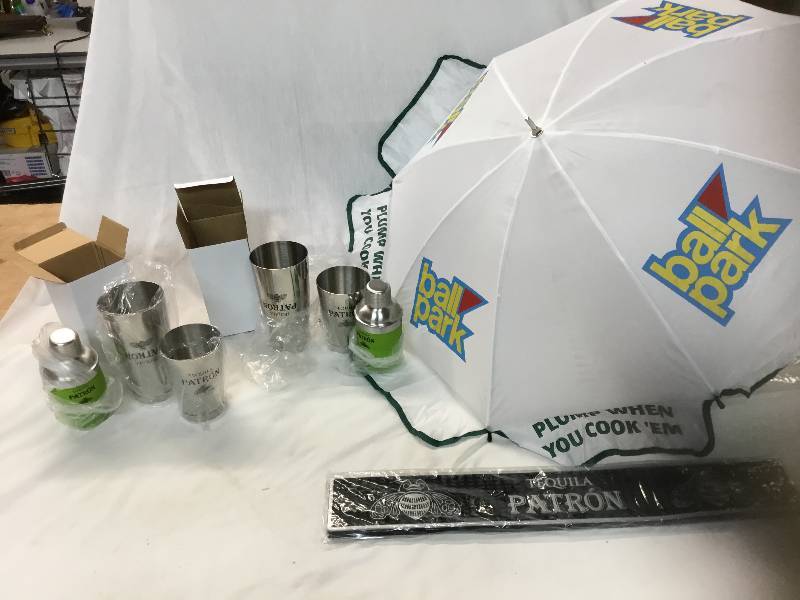 lot 77 image: NEW - Four Patron MixerShakers, Bar Mat and One Small Ball Park Umbrella