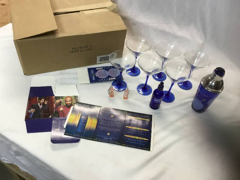 lot 78 image: NEW - Skyy Vodka Martini Glasses, Shaker and the Perfect Martini Spray bottle