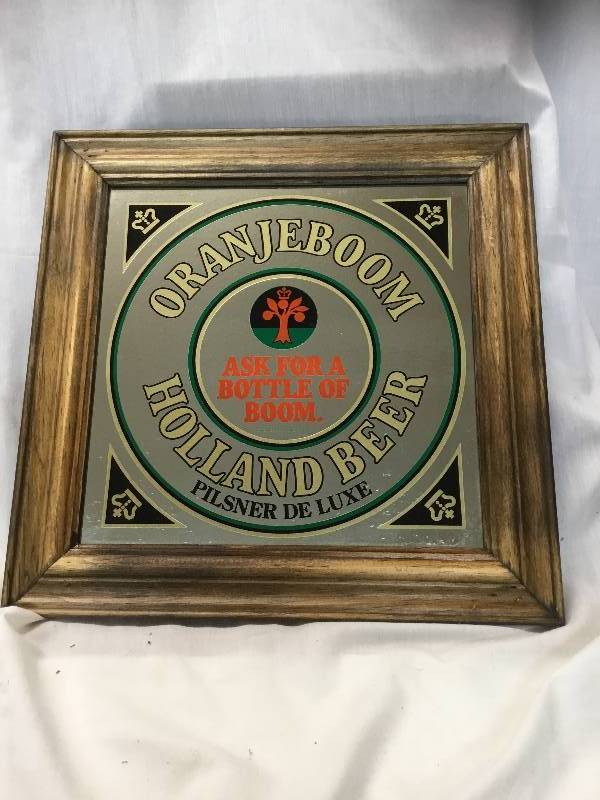 lot 35 image: Oranjeboom Holland Beer - Ask For a Bottle Of Boom Mirror with Wood Frame