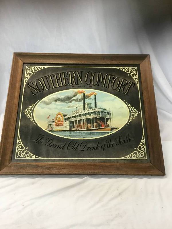 lot 94 image: Antique Southern Comfort Mirror - with Paddle Boat in the middle