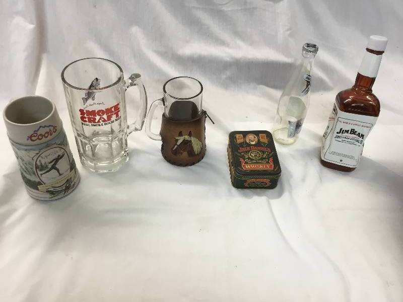 lot 140 image: Jim Beam Dancing Bottle, Jack Daniels Case, Mugs Coors light.