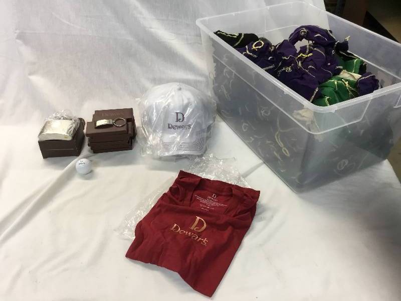 lot 157 image: 90 Crown Royal Bags - Various Size and Colors, Women Small Shirt, 2 Flasks, 8 Hats and 14 Key Chains