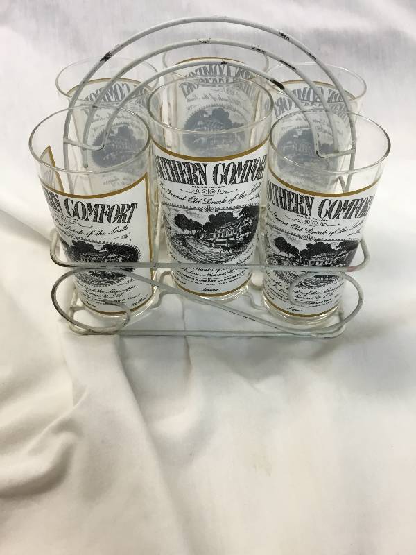 Set Of 6 Southern Comfort Glasses And Holder Spring Bar And Beer