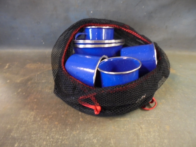 Blue Enamel Dishes and Flateware