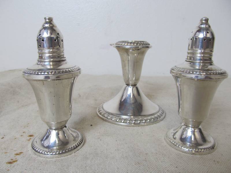 lot 57 image: Duchin Sterling Silver Salt & Pepper Shakers and Alvin Sterling Candle Holder