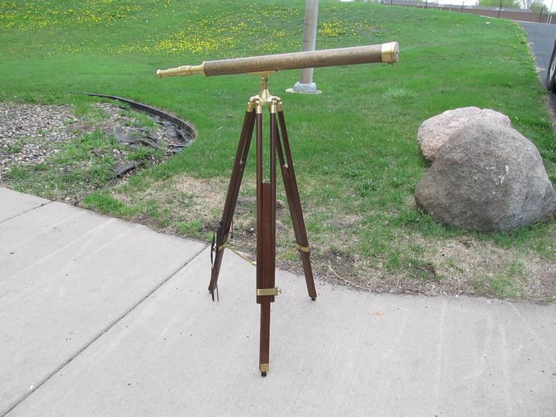 lot 8 image: Quality Solid Brass & Wood Tripod Telescope 