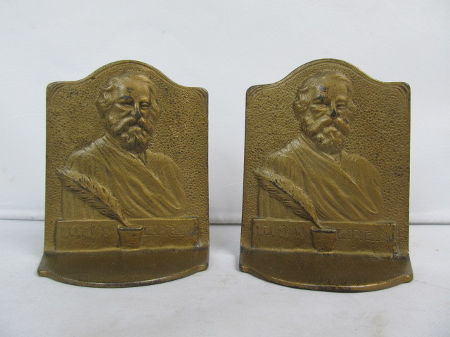 lot 137 image: Antique Henry Wadsworth Longfellow Bronze Bookends